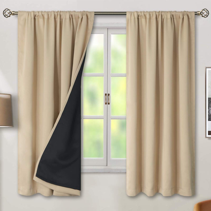 BGment Thermal Insulated 100% Blackout Curtains for Bedroom with Black Liner, Double Layer Full Room Darkening Noise Reducing Rod Pocket Curtain (52 x 63 Inch, Beige, 2 Panels) - Image 1